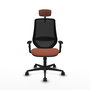 Silla de oficina Mardos con mecanismo Sincro tapizada con Tela color Marrón y malla color Negro. Equipada con lumbar 1D, Brazos 1D, Cabecero 2D y Ruedas 65mm nailon