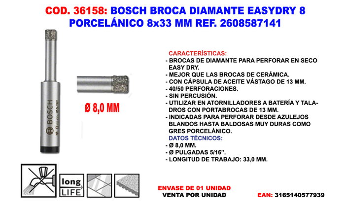 Bosch CeramicDry Broca Diamante 8x33 mm para Porcelánico Bosch CeramicDry Broca Diamante 8x33 mm para Porcelánico