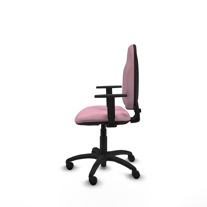 Silla de oficina Algarra con mecanismo Contacto permanente básico tapizada con Tela color Rosa. Equipada con Base poliamida negra, Brazos 1D y Ruedas de nailon 50 mm