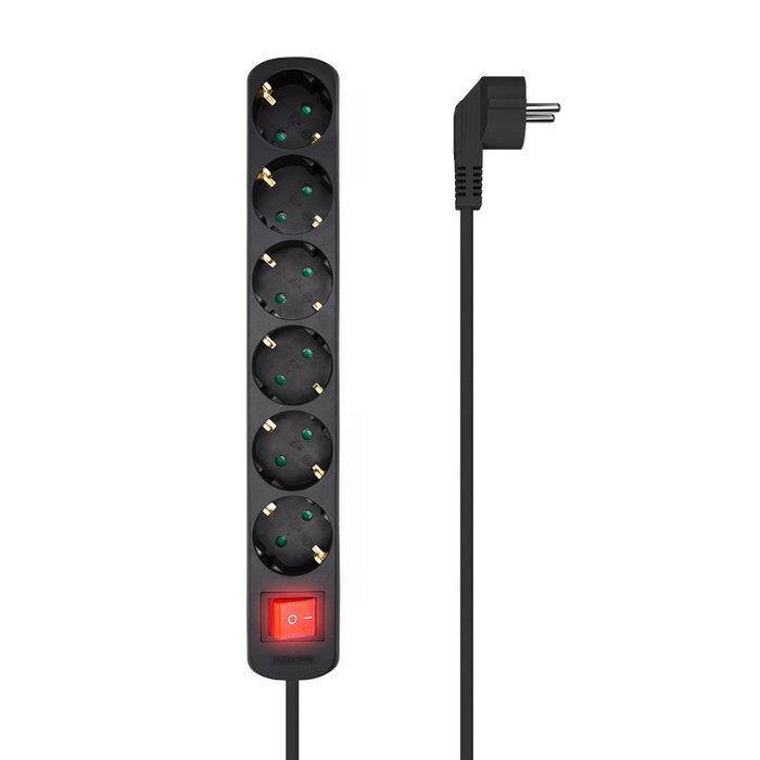 Aisens Regleta de 6 Tomas con Interruptor, Cable 1,4 m, Negro