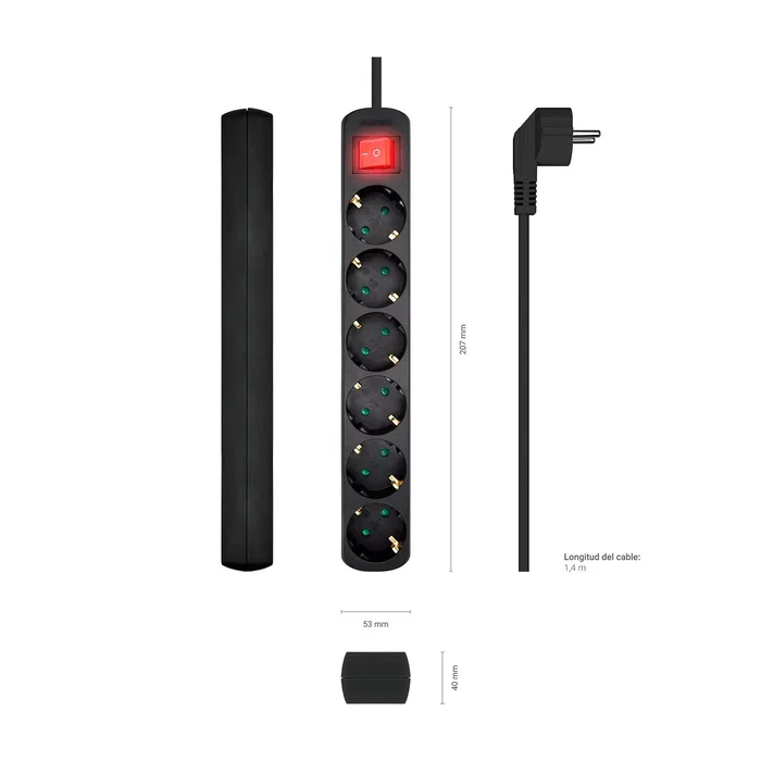 Aisens Regleta de 6 Tomas con Interruptor, Cable 1,4 m, Negro