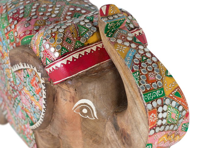 Giner y Colomer Figura Decorativa Elefante de Madera de Mango Tallada a Mano, 65 cm de Alto, Multicolor con Incrustaciones