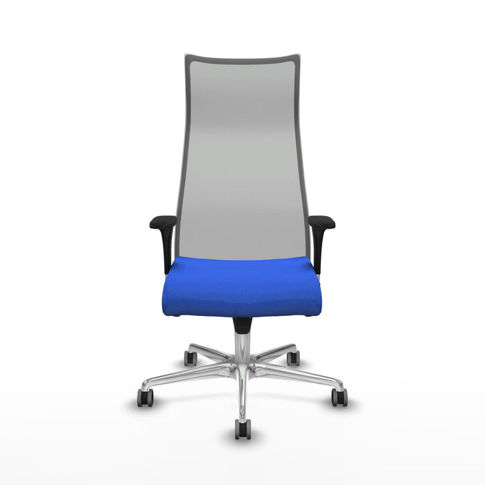 Sillón Albacete con mecanismo Sincro tapizada con Tela color Azul y malla color Gris. Equipado con Base aluminio, Brazos 1D y Ruedas 65 mm parqué