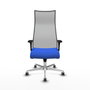 Sillón Albacete con mecanismo Sincro tapizada con Tela color Azul y malla color Gris. Equipado con Base aluminio, Brazos 1D y Ruedas 65 mm parqué