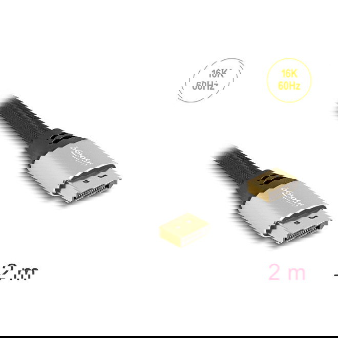 DeLOCK Cable DisplayPort 16K 60Hz 2m Plateado Metal para Conexiones de Alta Definición