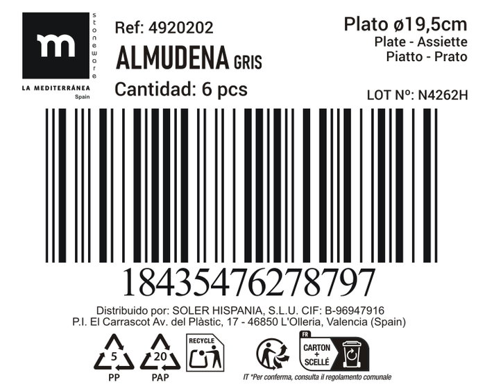 La Mediterranea Plato Almudena Gris 19.5cm