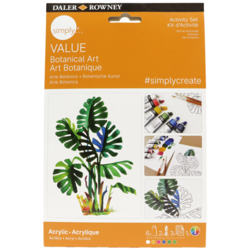 Daler Rowney Set de Pintura Acrílico Botánico D126900111 con 6 Tubos de 12ml, 3 Hojas de Plantilla y 2 Pinceles para Principiantes