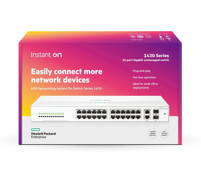 Hewlett Packard Enterprise Aruba Instant On 1430 Switch 26p Gigabit con 24 Puertos PoE, 2 Puertos SFP y Energía Eficiente para Oficina y Pequeña Empresa