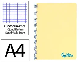 Liderpapel Cuaderno Espiral Wonder A4 Tapa Plástico 80 Hojas 90gr Cuadro 4mm Con Margen Color Amarillo