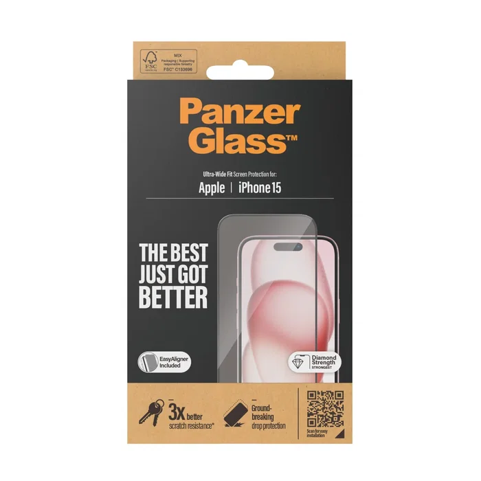 PanzerGlass Protector de Pantalla iPhone 15 | Ultra-Wide Fit con EasyAligner - Vidrio Templado Transparente, Aplicación en Seco, Resistente a Golpes, 1 Pieza
