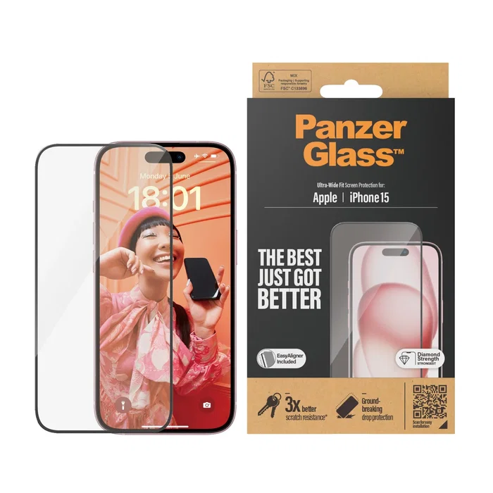 PanzerGlass Protector de Pantalla iPhone 15 | Ultra-Wide Fit con EasyAligner - Vidrio Templado Transparente, Aplicación en Seco, Resistente a Golpes, 1 Pieza