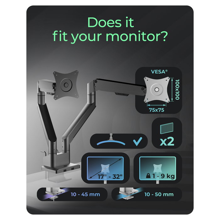ICY BOX IB-MS524-T Soporte para 2 Monitores hasta 32" (81cm) con Brazo de Gas, Montaje Pinza/Atornillado, Ajuste Inclinación/Giro, Color Gris/Plata