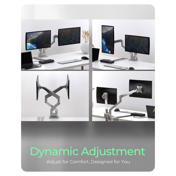 ICY BOX IB-MS524-T Soporte para 2 Monitores hasta 32" (81cm) con Brazo de Gas, Montaje Pinza/Atornillado, Ajuste Inclinación/Giro, Color Gris/Plata