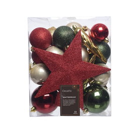 Decoris Adornos para Árbol de Navidad, 33 Piezas, Verde, Dorado y Rojo