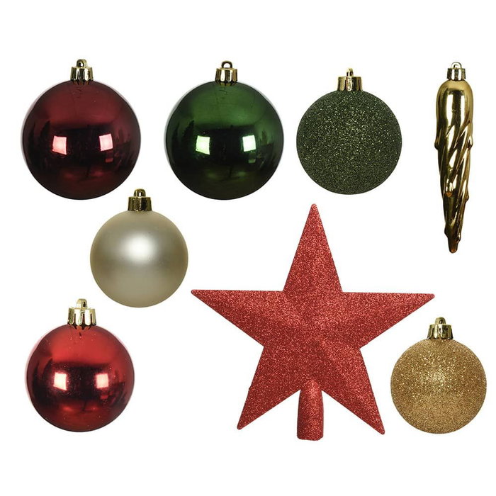 Decoris Adornos para Árbol de Navidad, 33 Piezas, Verde, Dorado y Rojo