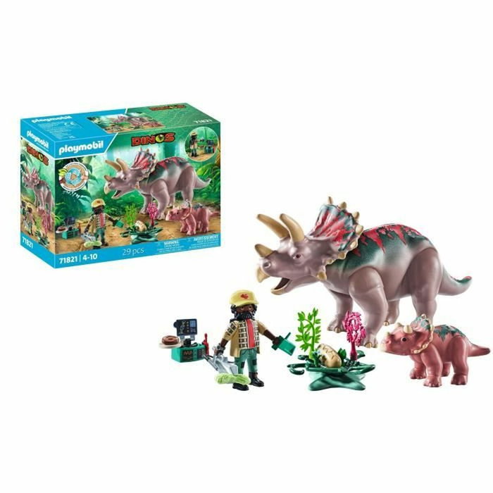 Playmobil Triceratops con Bebé y Explorador, Dinosaurios, 29 piezas, Edades 4+