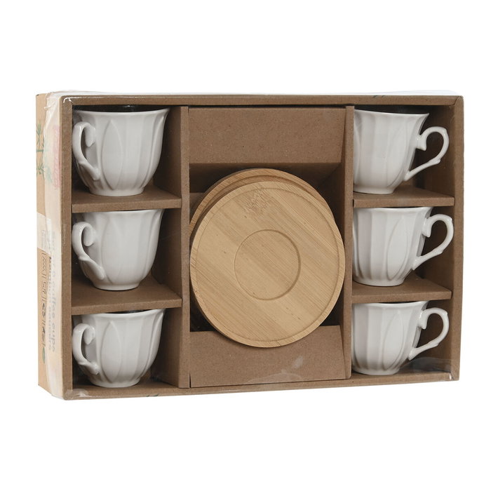 DKD Home Decor Set de Café de 6 Piezas de Porcelana y Bambú Blanco