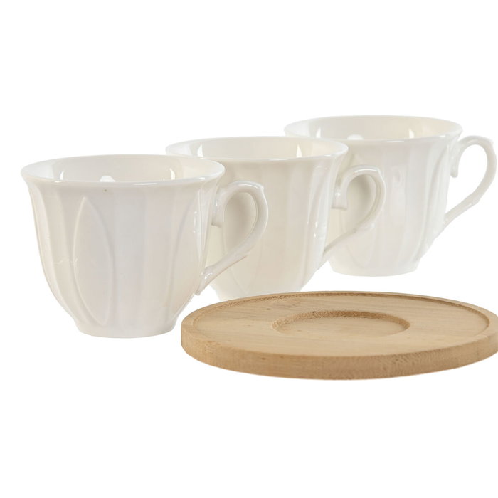DKD Home Decor Set de Café de 6 Piezas de Porcelana y Bambú Blanco
