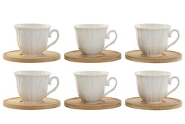 DKD Home Decor Set de Café de 6 Piezas de Porcelana y Bambú Blanco