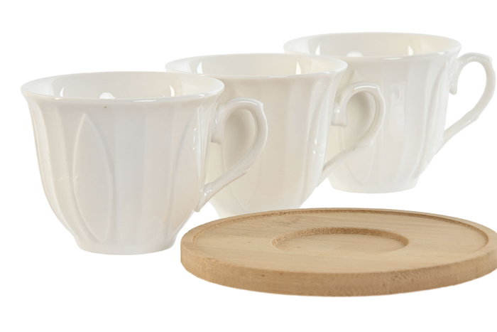 DKD Home Decor Set de Café de 6 Piezas de Porcelana y Bambú Blanco