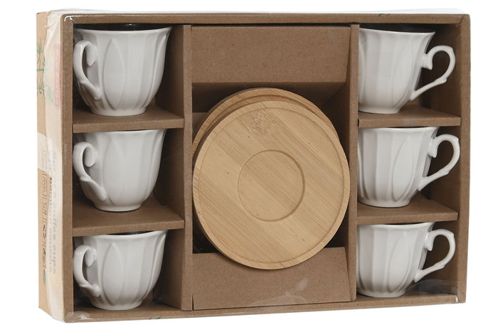DKD Home Decor Tazas de Porcelana y Bambú Blancas 6.8 x 5.5 x 8.3 cm Set de 6 Piezas Capacidad 90ml
