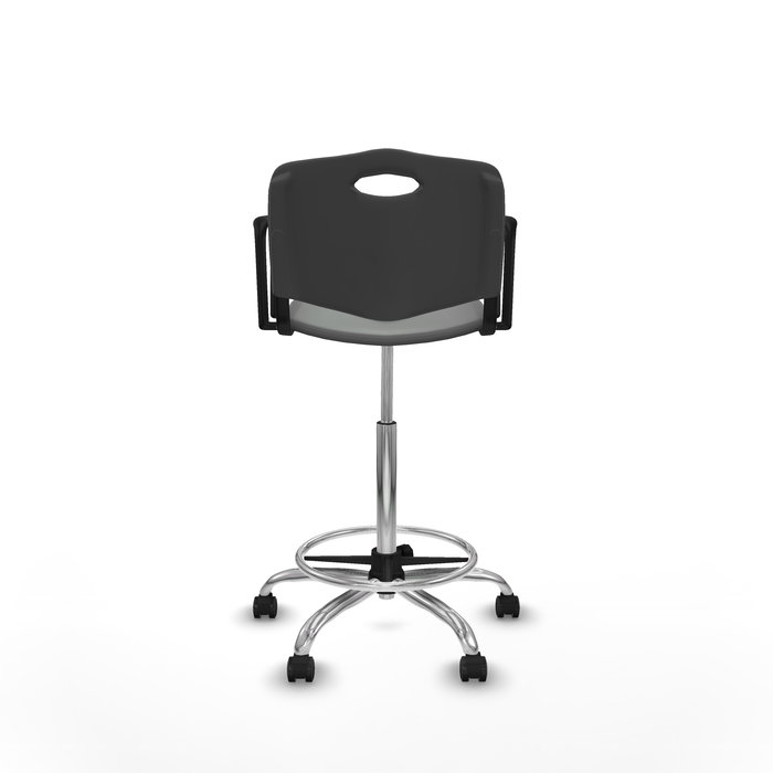 Taburete Robledo con mecanismo Giratorio de PVC color Gris oscuro. Equipado con Base cromada, Brazos fijos y Ruedas de parqué