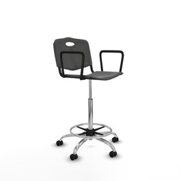 Taburete Robledo con mecanismo Giratorio de PVC color Gris oscuro. Equipado con Base cromada, Brazos fijos y Ruedas de parqué