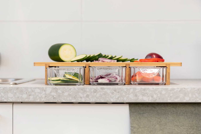 Kinvara Tabla de Bambú con 3 Compartimentos para Servir o Organizar, Material Bambú y PET, Color Natural y Transparente, Dimensiones 40x29x6 cm (Set de 6)