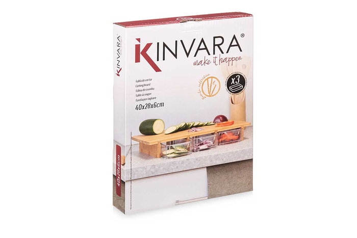 Kinvara Tabla de Bambú con 3 Compartimentos para Servir o Organizar, Material Bambú y PET, Color Natural y Transparente, Dimensiones 40x29x6 cm (Set de 6)