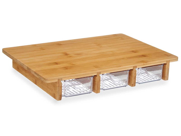 Kinvara Tabla de Bambú con 3 Compartimentos para Servir o Organizar, Material Bambú y PET, Color Natural y Transparente, Dimensiones 40x29x6 cm (Set de 6)