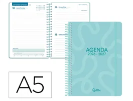 Liderpapel Agenda Escolar 2026-2027 Classic Espiral Día Página A5 Bilingüe Azul Turquesa con Calendario Bianual y Horario Semanal