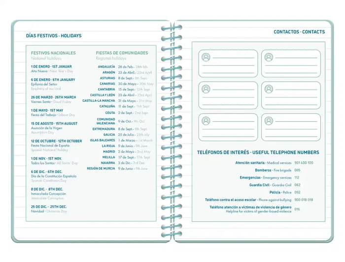 Liderpapel Agenda Escolar 2026-2027 Classic Espiral Día Página A5 Bilingüe Azul Turquesa con Calendario Bianual y Horario Semanal