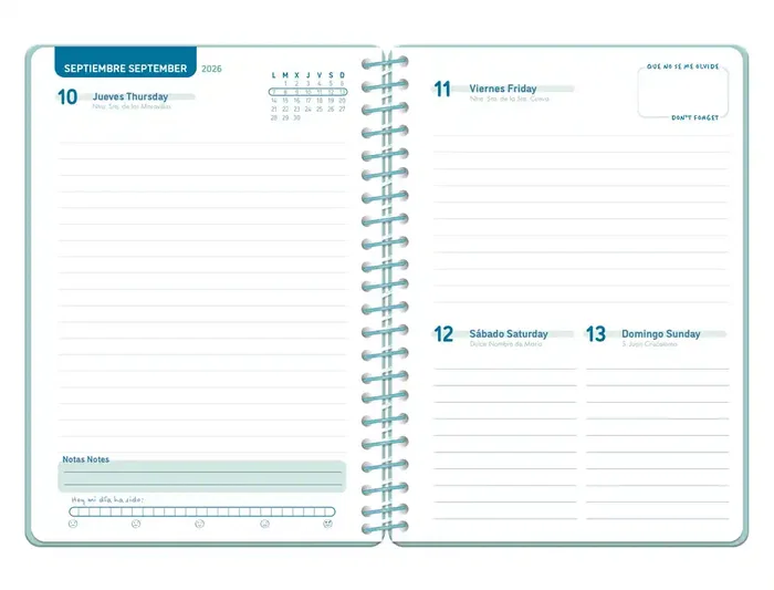 Liderpapel Agenda Escolar 2026-2027 Classic Espiral Día Página A5 Bilingüe Azul Turquesa con Calendario Bianual y Horario Semanal
