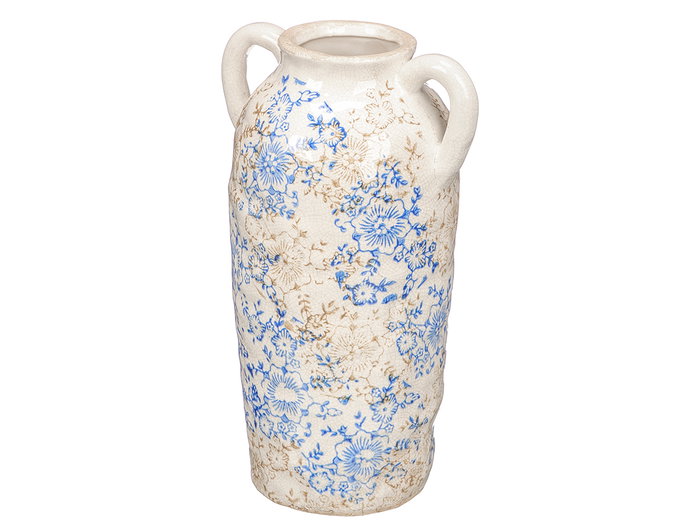 Giftdecor Jarrón Nonna 2 Asas Azul Beige Blanco Cerámica Decorativo - 29.5 cm Alto x 18 cm Ancho (Set de 6)