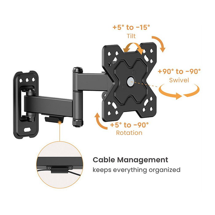 VALUE 17.99.1231 Soporte de TV para Pared Giratorio, 13 a 32 Pulgadas, 3 Puntos de Giro, Hasta 20 kg, Negro