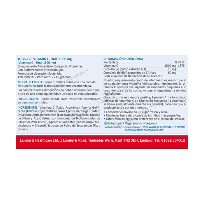 Lamberts Vitamina C 1500mg Liberación Sostenida 120 tabletas