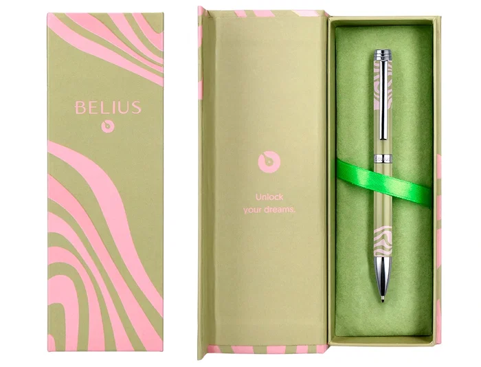 Belius Ink Dreams Bolígrafo Aluminio Verde Matcha y Rosa Plateado con Frase Interior Tinta Azul Caja Diseño 1 mm