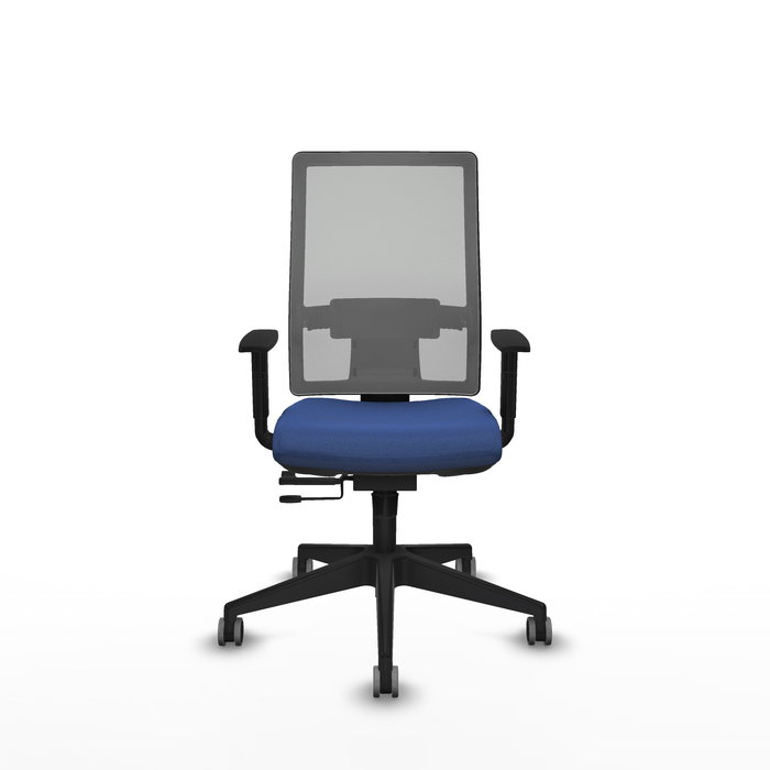Silla de oficina Horna con mecanismo Sincro/Traslack tapizada con Tela color Azul marino y malla color Gris. Equipada con lumbar 1D, Brazos 1D y Ruedas 65 mm parqué
