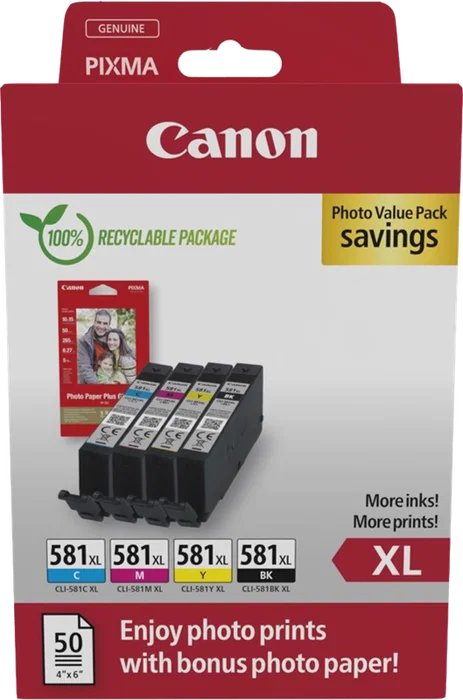 Canon CLI-581XL Multipack de Tinta Original y Papel Fotográfico (Negro, Cian, Magenta, Amarillo)