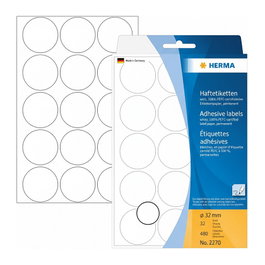 HERMA 2270 Vielzwecketiketten - Etiquetas Adhesivas Redondas, Blanco, Papel, 32 mm (480 unidades)