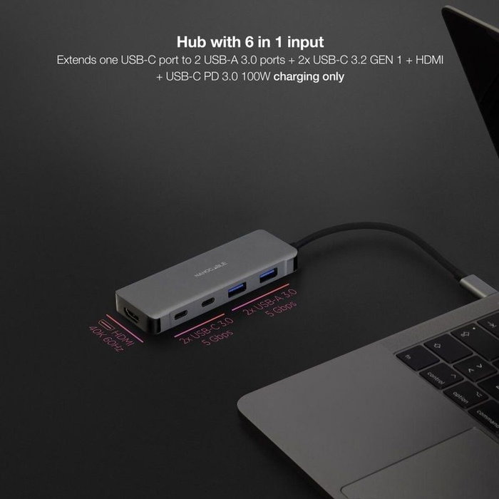 Nanocable Hub USB-C 6 en 1 Gris con HDMI 4K y PD 100W
