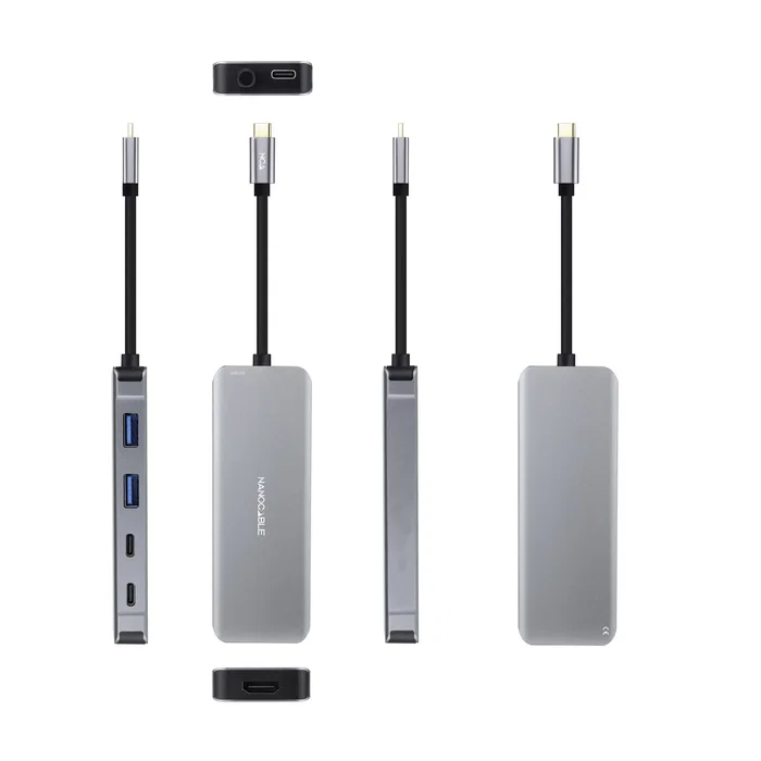 Nanocable 10.16.1006 Hub USB-C 6 en 1 Aluminio - 2x USB-A 3.0 + 2x USB-C + HDMI 4K@60Hz + Puerto USB-C PD de 100W - USB 3.2 Gen 1