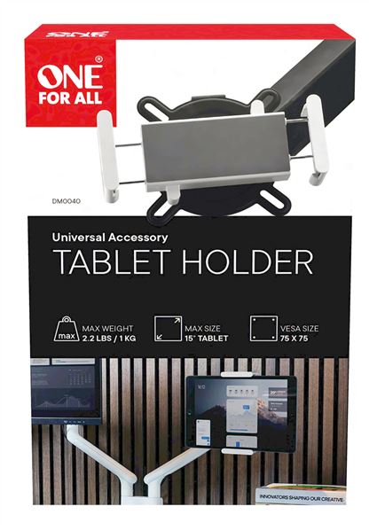 One For All DM0040 Soporte para Tablet para Brazo de Monitor, Accesorio Universal de Escritorio, Ajustable y Seguro con Silicona