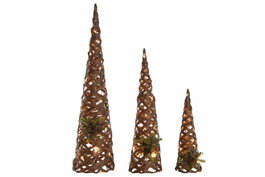 DKD Home Decor Set de 3 Conos LED Natural y Verde 20x20x80 cm