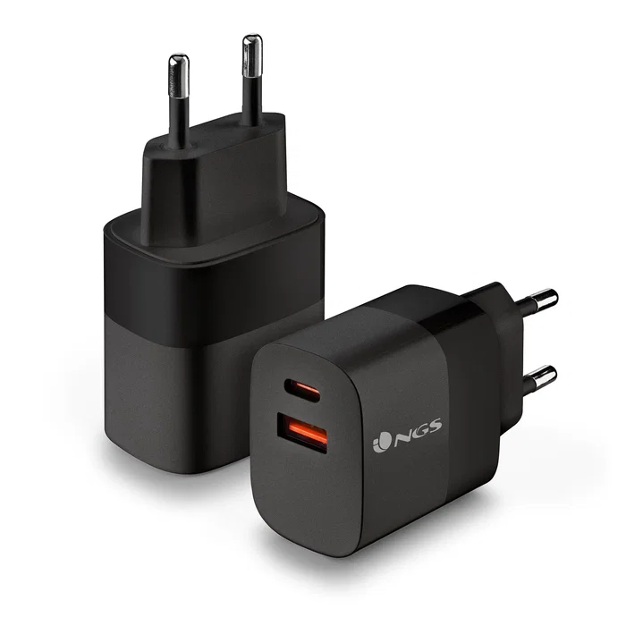 NGS Cargador de Pared GaN BUD 33W Rápido con 2 Puertos (USB-C PD PPS + USB-A QC 3.0) Negro, Universal para Smartphone Tablet Laptop, Enchufe EU