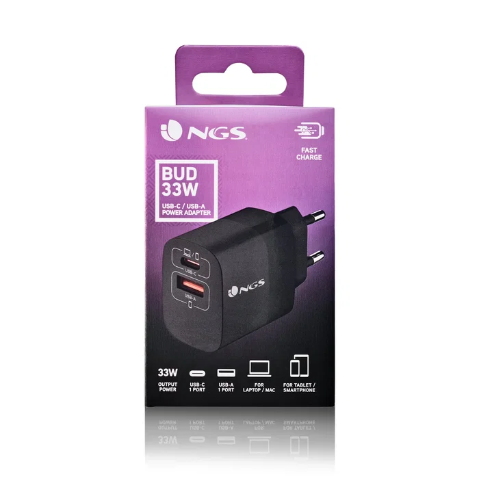 NGS BUD 33W Cargador de Pared GaN con USB-C y USB-A Negro