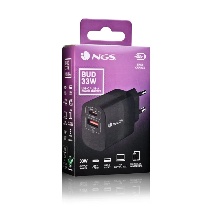 NGS Cargador de Pared GaN BUD 33W Rápido con 2 Puertos (USB-C PD PPS + USB-A QC 3.0) Negro, Universal para Smartphone Tablet Laptop, Enchufe EU
