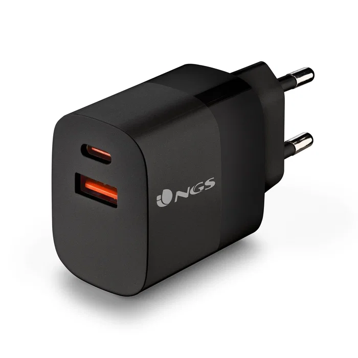 NGS Cargador de Pared GaN BUD 33W Rápido con 2 Puertos (USB-C PD PPS + USB-A QC 3.0) Negro, Universal para Smartphone Tablet Laptop, Enchufe EU