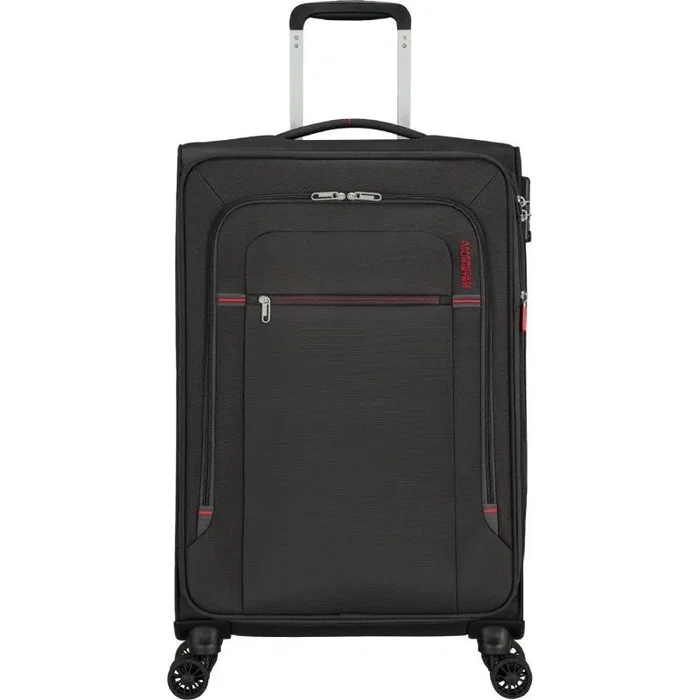 American Tourister Crosstrack Maleta Mediana Spinner Expansible de 4 Ruedas Dobles 67cm (67.5x42x27.5cm), 71.5/77 L, Candado TSA, Color Gris/Rojo