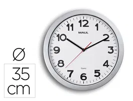 Maul Reloj de Pared Redondo Eléctrico 35 cm Diámetro, Marco de Plástico Irrompible, Cristal Mineral, Color Plata